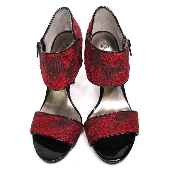 CARLOS SANTANA Red/Black Brocade Fabric Ankle Strap Stiletto Heel Sandals Sz 7 - Picture 2 of 12